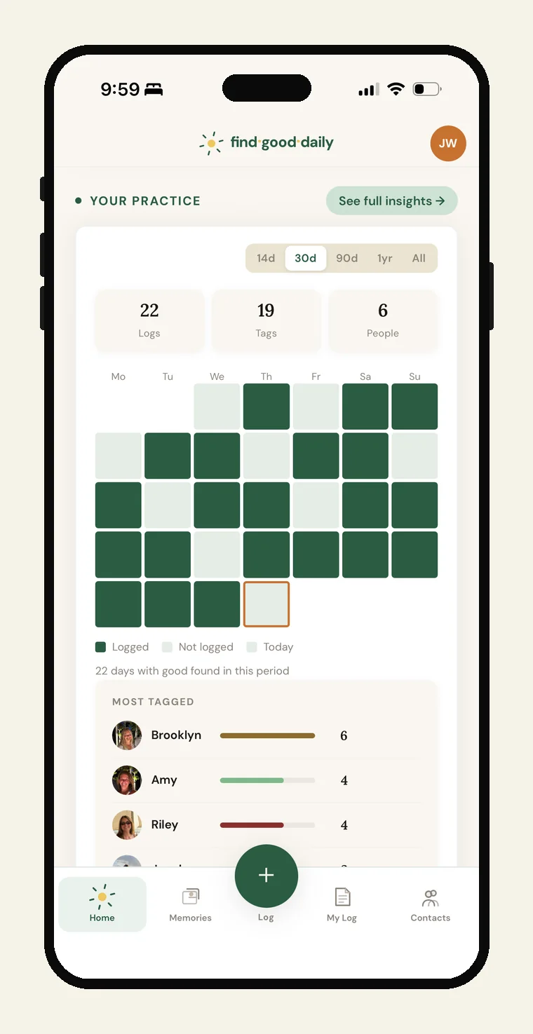 The Your Practice screen in FindGoodDaily, showing a streak calendar,
                counts of logs, tags and people, and the people most often tagged