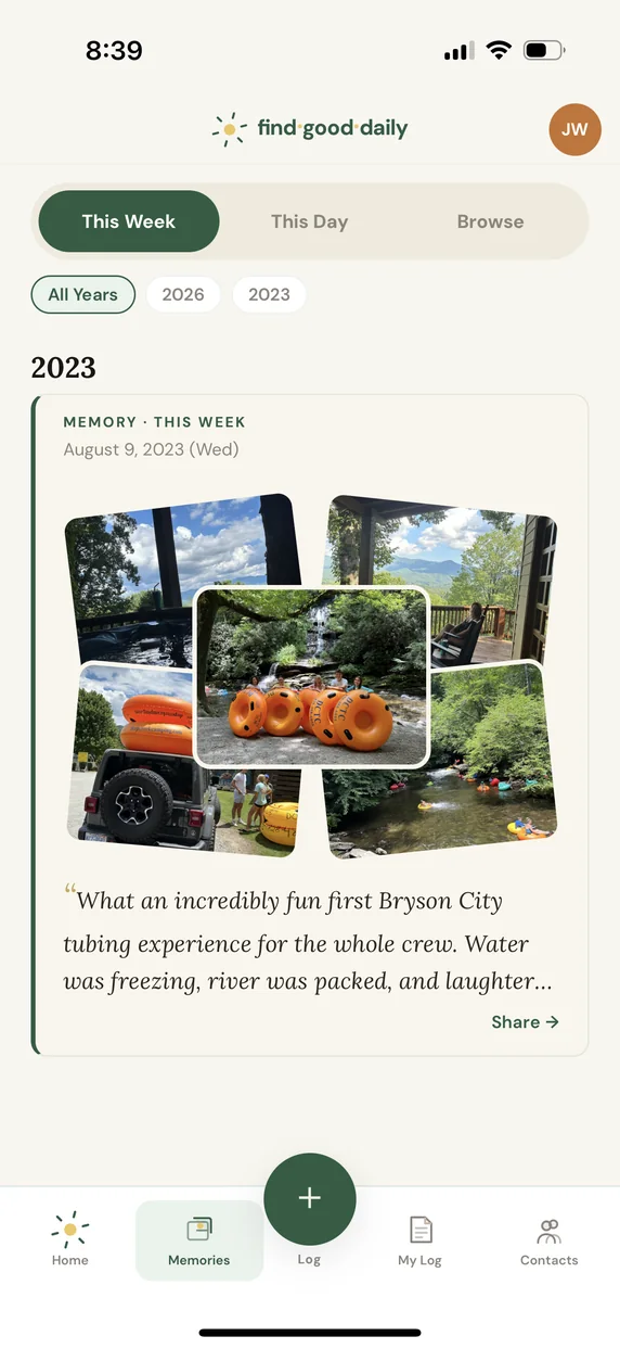 A logged moment with five photos from a tubing trip