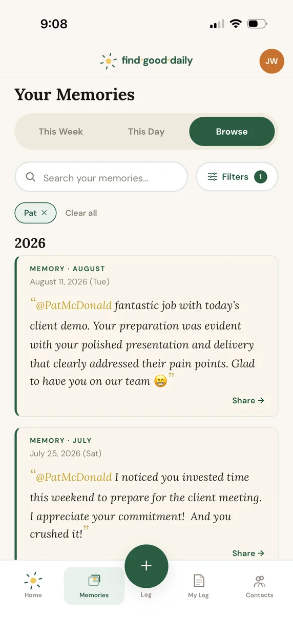 A logged moment thanking a coworker