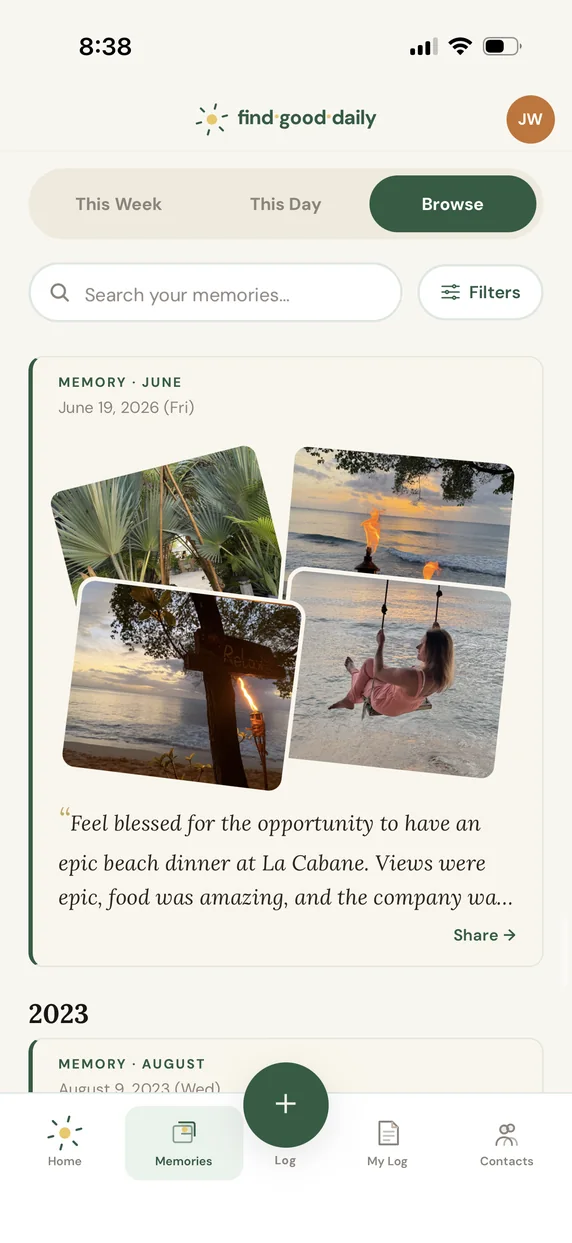 A logged moment with four photos from a beach dinner