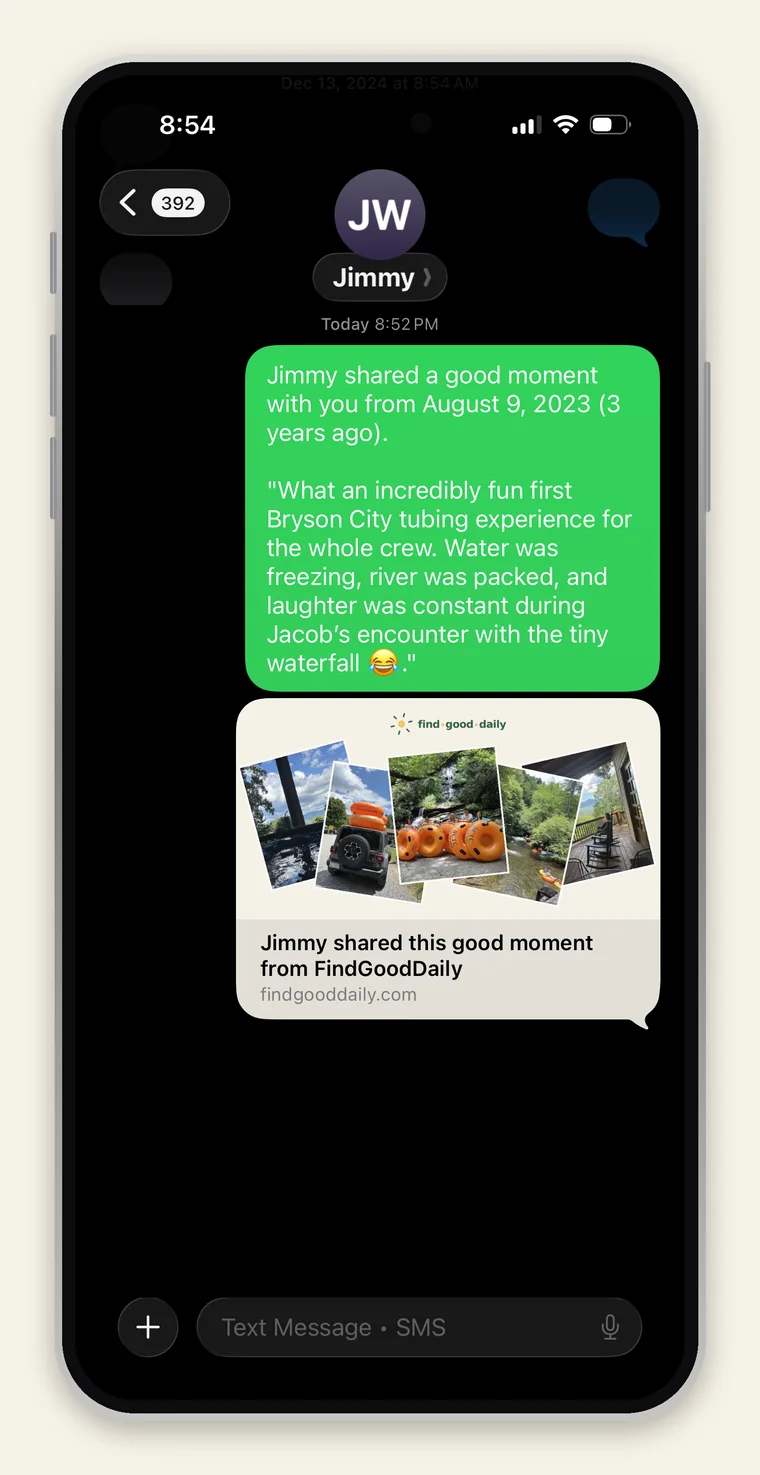 A shared good moment arriving as a text message, with a preview card
                    showing five photos and a link to findgooddaily.com